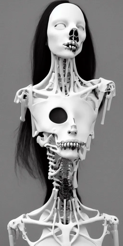 Image similar to black and white dreamy foggy smoky profile face portrait, single skeletal biomechanical beautiful young female cyclops - cyborg - robot bust, body ribs meshes,, volumetric light, rim light, by dora maar and cecile beaton, big gothic fashion pearl embroidered collar, 8 k