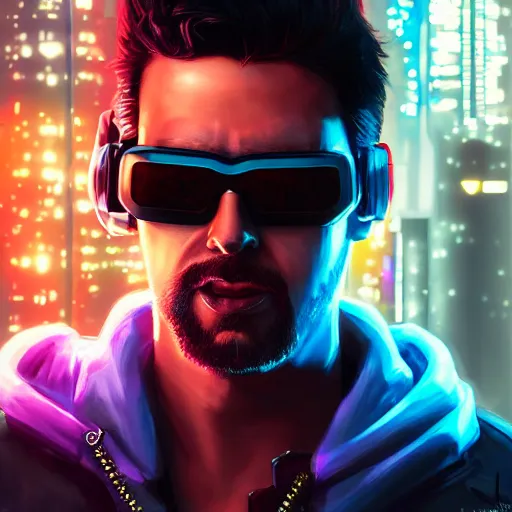 Image similar to epic portrait of cyberpunk Carpenter Charisma wearing mirrorshades, Night City, cyberpunk 2077, neon megacity in the background, angry and bored, illustration, soft lighting, soft details, painting oil on canvas by mark arian by artgerm, trending on artstation, 4k, 8k, HD