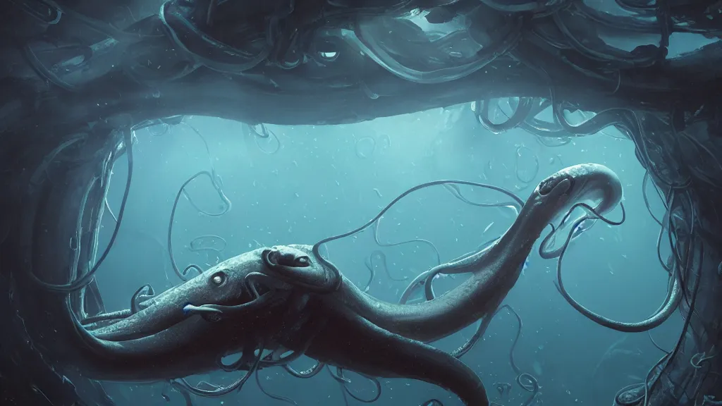 Image similar to a photorealistic hyperrealistic underwater render of a giant squid wraps it ’ s tentacles around a deep sea submersible with bright headlights by greg rutkowski, james paick, wlop, nicolas bouvier sparth, stephan martiniere, dramatic moody lighting, underwater caustics, volumetric, light rays, cinematic atmosphere, octane render, artstation, 8 k