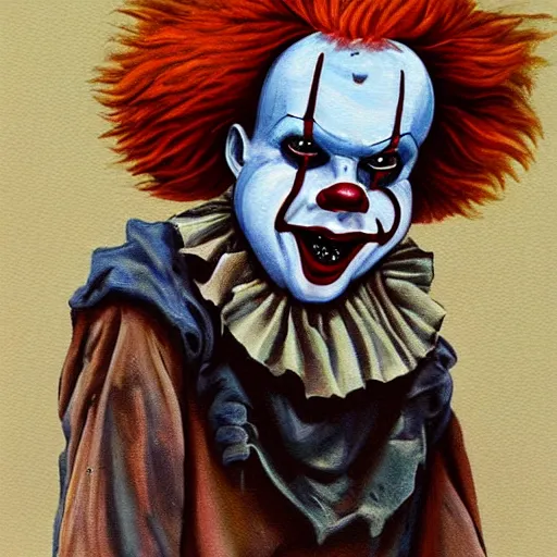 Prompt: Painting of dirty homeless Pennywise in scrappy clothing, by James Earley