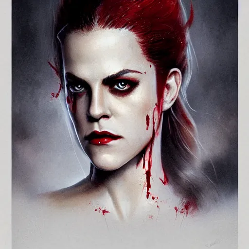 Image similar to portrait of beautiful riley keough as a vampire in bloody business suit, blood red eyes, fantasy, intricate, elegant, highly detailed, by greg rutkowski, cinematic movie poster