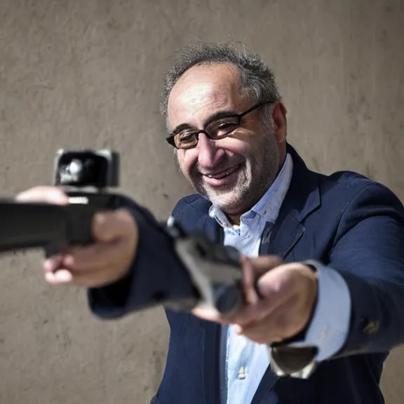 Image similar to antonio costa, smiling, pointing a gun at the camera, pulitzer prize winning photograph