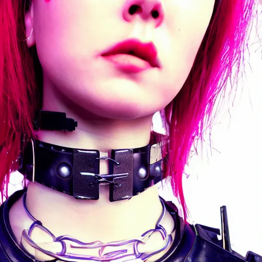 Image similar to detailed realistic female character cyberpunk wearing thick steel collar around neck, realistic, art, beautiful, 4K, collar, choker, collar around neck, punk, artstation, detailed, female, woman, choker, cyberpunk, neon, punk, collar, choker, collar around neck, thick collar, choker around neck, wearing choker, wearing collar, face, beautiful face, alternative,