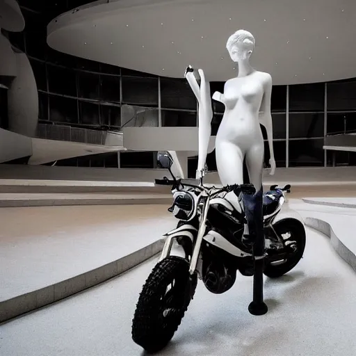 Prompt: a beautiful cinematic lit scene in the guggenheim museum of a white armless marble statue of a woman, with a motorcycle in background with motocross colors and corporate logos in the style of virgil abloh, matthew williams, offwhite, givenchy