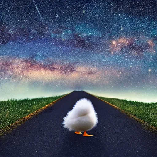 Image similar to a lonely duck walking on the road and looking up at the sky, milky way, starry sky, art station trend