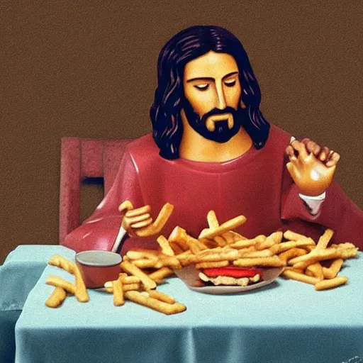 Image similar to jesus eating mcdonald ’ s on his lunch break highly detailed photo