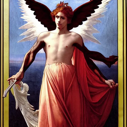 Image similar to godlike awe-inspiring menacing Lucifer royal portrait, standing tall invincible, beautiful angelic wings, Satan,Pride,Superbia, stunning, breathtaking, award-winning, groundbreaking, concept art, nouveau art, Dark Fantasy mixed with Socialist Realism, by Michelangelo, Caravaggio, Alphonse Mucha, Michael Whelan, William Adolphe Bouguereau, John Williams Waterhouse, and Donato Giancola, extremely moody lighting, glowing light and shadow, atmospheric, fine art, trending, featured, 8k, photorealistic, complex, intricate, 3-point perspective, hyper detailed, unreal engine 5, IMAX quality, cinematic, symmetrical, high resolution, 3D, PBR, path tracing, volumetric lighting, octane render, arnold render
