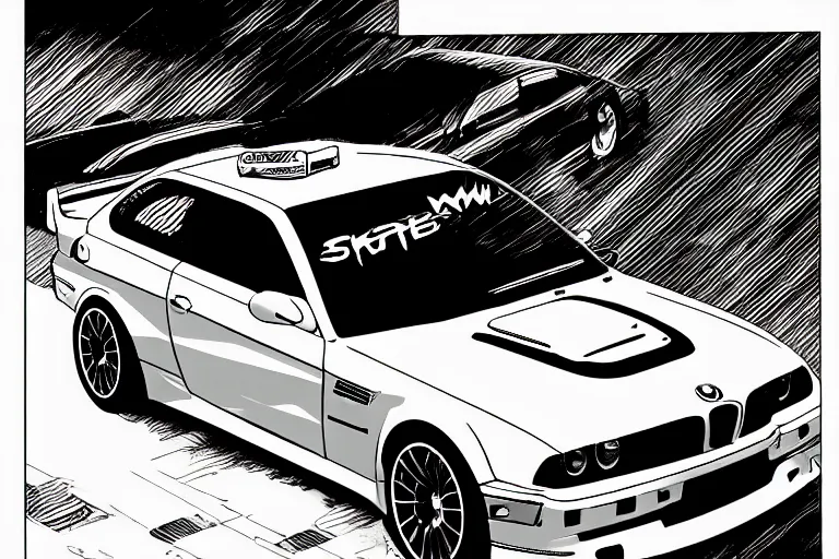 Prompt: bmw m 3 gtr, a page from cyberpunk 2 0 2 0, style of paolo parente, style of mike jackson, adam smasher, johnny silverhand, 1 9 9 0 s comic book style, white background, ink drawing, black and white