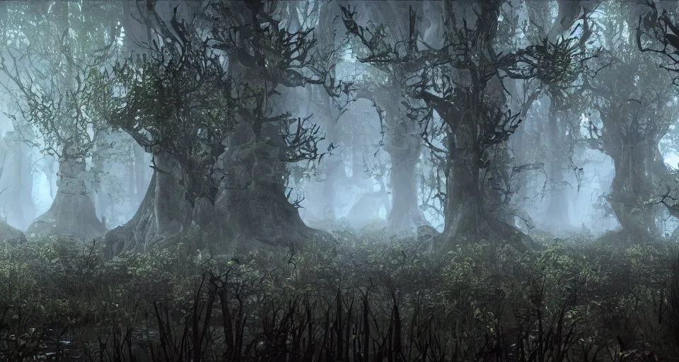 Image similar to A dense and dark enchanted forest with a swamp, from Lineage 2