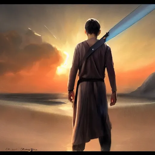 Prompt: a young male jedi with short dark blonde hair standing still looking at the sunset concept art by Doug Chiang cinematic, realistic painting, high definition, concept art, portait image, path tracing, serene landscape, high quality, highly detailed, 8K, soft colors, warm colors, turbulent sea, high coherence, anatomically correct, hyperrealistic, concept art, defined face, five fingers, symmetrical