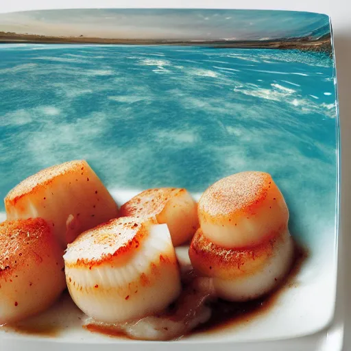 Prompt: a plate of scallops superimposed on a destroyed seabed zenith view