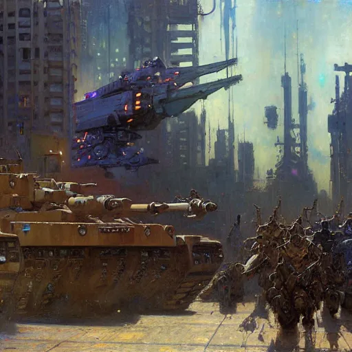 Prompt: six meters tall mech fighting tanks in an urban environment, highly detailed painting by gaston bussiere craig mullins jc leyendecker gustav klimt artgerm greg rutkowski john berkey, bergey, craig mullins, ruan jia, raymond swanland, jeremy mann, tom lovell, alex malveda