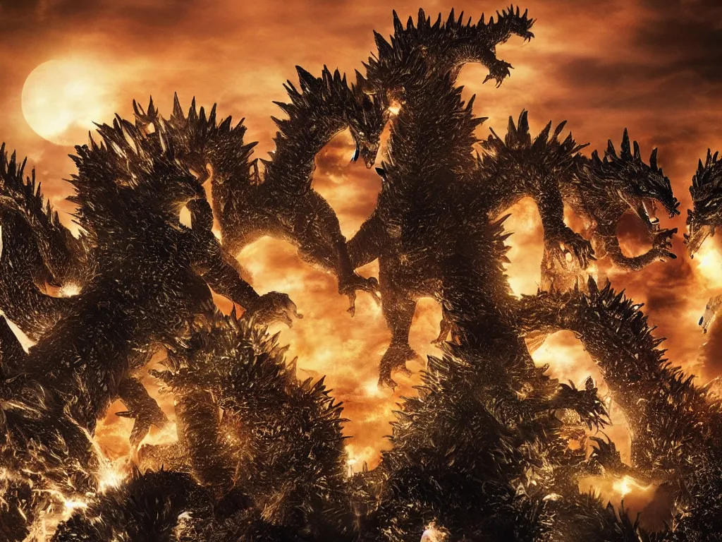 Prompt: Heisei era Godzilla fighting King Ghidorah