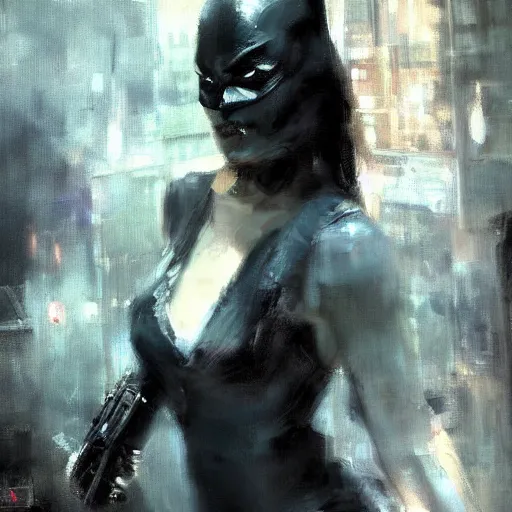 Prompt: a feminine version of female batman jeremy mann painting