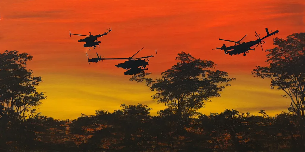 Prompt: Painting of vietnam Huey Helicopters, above a forest, orange sun set, abstract, realism, high details, glow, far, distance, over the horizon, drawn