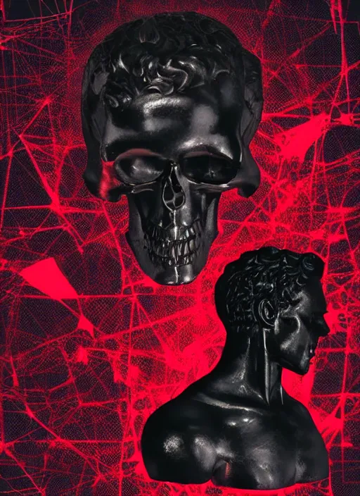 Image similar to black background, statue of hercules, skulls, thin lines, dark, red grid, glitch art, neo vaporwave, gritty, movie poster, trending on artstation