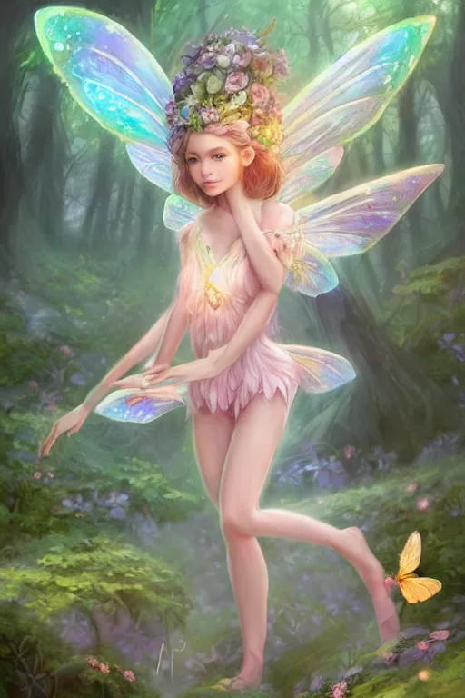 Image similar to a cute fairy in the dreamy forest, fantasy, 8 k resolution, hyper detailed, d & d, character design, digital painting, trending on artstation, sharp focus, illustration, art by artgerm, steve zheng, fuji choko, viktoria gavrilenko, hoang lap