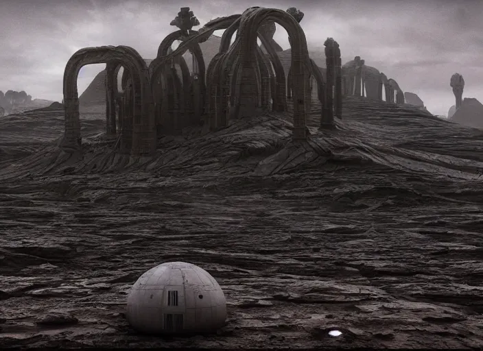 Prompt: bleak exoplanet landscape, massive abandoned alien tech, black mos eisley, skeletal temple buildings designed by hr giger, black clouds, hyper realistic octane render, hd, cinematic, beksinski