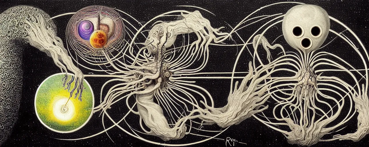 Image similar to a strange earth creature with endearing eyes radiates a unique canto'as above so below'while being ignited by the spirit of haeckel and robert fludd, breakthrough is iminent, glory be to the magic within, in honor of saturn, painted by ronny khalil