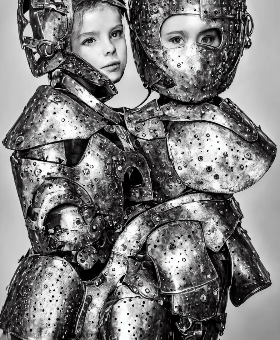 Image similar to portrait of a beautiful young girl wearing an alexander mcqueen armor made of iron steel armour , artistic illustration realistic photo