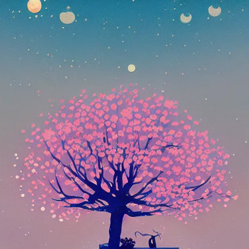 Prompt: a big cherry tree with petals flying in the sky, moonlight, by Victo Ngai, artstation, Detail, HD