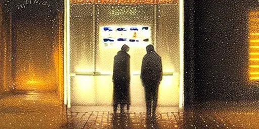 Prompt: a drenched man in a dark rainy alleyway standing at a vending machine which opens a portal into another dimension, vivid caustics, realistic photography, beautiful interior, hyperrealism, incredible, award - winning photography, by greg rutkowski, lovecraftian