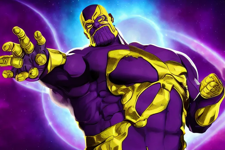 Prompt: Thanos wielding the infinity gauntlet, in the style of adam spizak, HD Wallpaper, desktopography, digital art