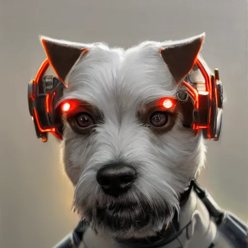 Image similar to tesla power armor realistic cyborg anthropomorphic jack russell terrier electric field glowing, cyberpunk, portrait art by donato giancola and greg rutkowski, realistic face, glowing in tesla electricity visible magnetic field, digital art, trending on artstation, symmetry