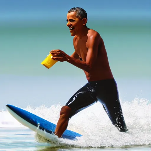 Prompt: obama surfing in rough water, holding a drink, vacation photo, high detail realistic