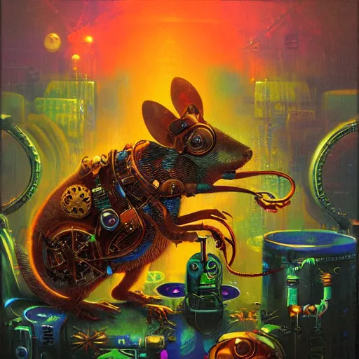 Image similar to steampunk rat, acid, 303, psychedelic, by paul lehr