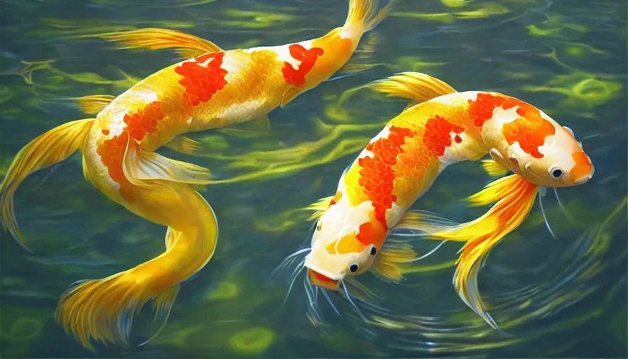 Prompt: a single golden glowing koi! fish swims in magical water with caustics and volumetric lighting, photorealistic painting