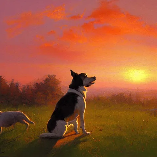 Image similar to a dog watching a beautiful sunset, paint by craig mullins