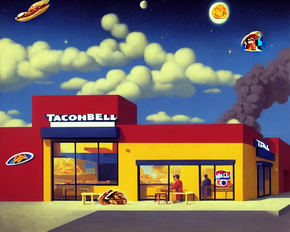 Image similar to !dream an achingly beautiful print of a Taco Bell restaurant on a lunar base by Raphael, Hopper, and Rene Magritte. detailed, romantic, enchanting, trending on artstation.