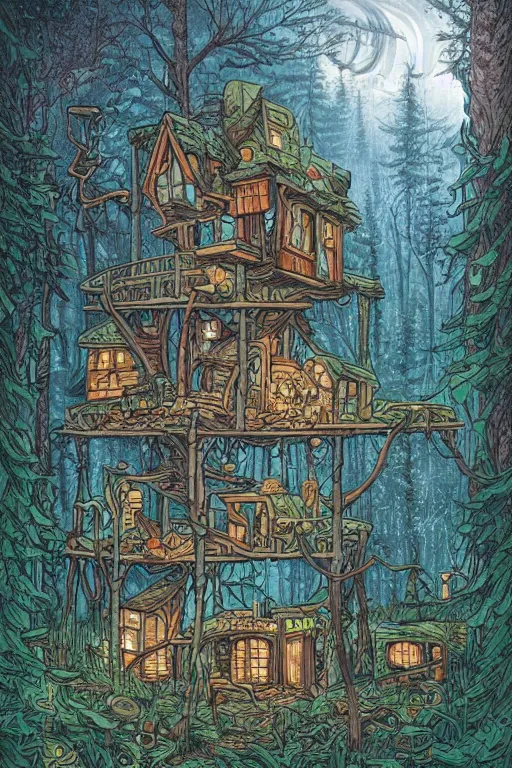 Prompt: a ramshackle multistory fairytale hut in the forest by Dan Mumford