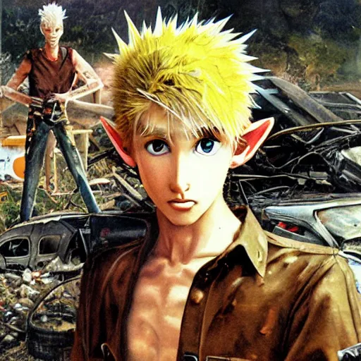 Prompt: a skinny elf with spiky blonde hair wearing dark brown overalls and holding dynamite standing next to a destroyed car, painting by Yoshitaka Amano