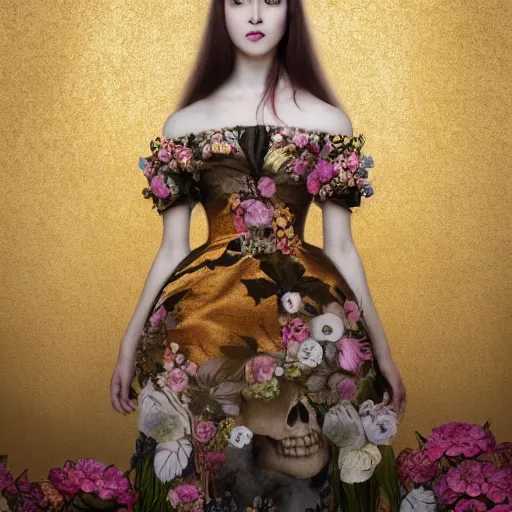 Image similar to 8k, octane render, realism, tonalism, renaissance, rococo, baroque, portrait of a young lady wearing long harajuku manga dress with flowers and skulls standing in a renaissance park, chaotic gold leaf flowers