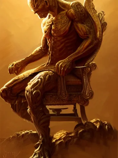 Image similar to a really poud man.. closed arms, sitting in his chair. intricate, elegant, highly detailed, digital painting, artstation, concept art, sharp focus, illustration, by justin gerard and artgerm, 8 k