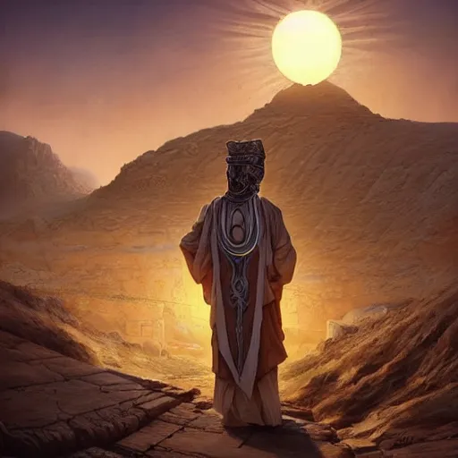 Prompt: symmetry!! an african moor wearing white robes and turban in the valley of the kings at sunset, ornate golden steampunk stargate, front game card, marvel comics, dark, intricate, highly detailed, smooth, artstation, digital illustration by ruan jia and mandy jurgens and artgerm and wayne barlowe and greg rutkowski and zdislaw beksinski.