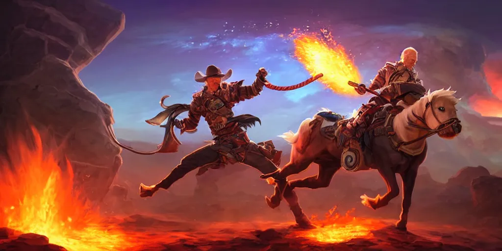 Prompt: joe biden as a cowboy wielding a bullwhip, in front of an erupting crater, league of legends champion splash art, by dang my linh, dynamic lighting