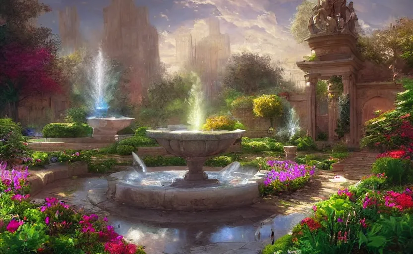 Image similar to Beautiful garden, next to a fountain and a mystical palace. By William-Adolphe Bouguerea, Jordan grimmer, fractal flame. Highly_detailded