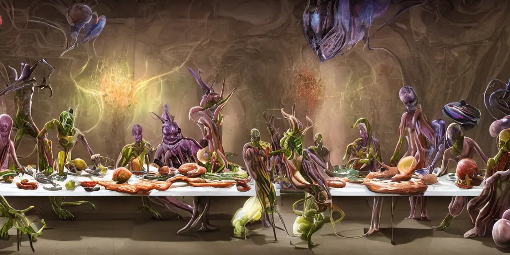 Image similar to !view from the kitchen, chefs cooking, in the background we see 13 diverse aliens enjoying a rich salad around a marble table, !positioned as last supper cinematic lighting, crystals and diamonds, fantasy, surreal, floating, highly detalied, 4k, artstation, by Wayne Barlowe