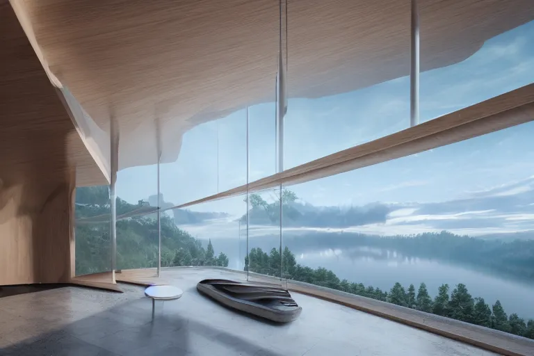 Image similar to a building formed by the combination of cloud shaped spaces on the calm lake, human perspective, future, interior wood, marble, award winning, highly detailed 4 k art, dusk, unreal engine highly rendered, global illumination, radial light, internal environment by kazuyo sejima