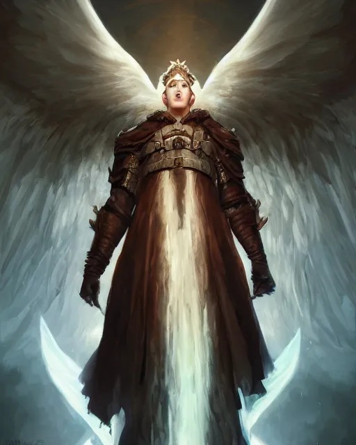 Prompt: Cow Angel Priest, D&D, artstation, fantasy, magic the gathering artwork, cinematic lighting, centered, symmetrical, highly detailed, digital painting, , concept art, smooth, sharp focus, illustration, volumetric lighting, epic Composition, 8k, art by Akihiko Yoshida and Greg Rutkowski and Craig Mullins, oil painting, cgsociety