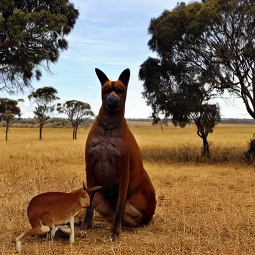 Image similar to boerboel in a field, kangaroo in the background, detailed, intricate