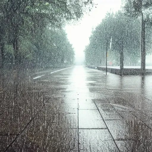 Prompt: images of benches in the rain, facing at the camera, 1 6 k resolution, raining, trees in the background, mid - winter
