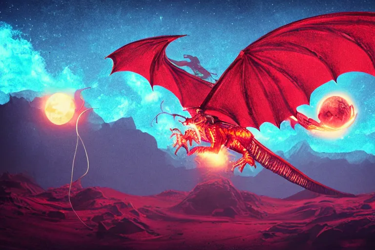 Image similar to A flying dragon on mars in the style of flooko, detailed art, acrylic, red lighting, fire, bokeh, psychedelic, glitch, neon, moon light, ambient lighting, cinematic lighting,