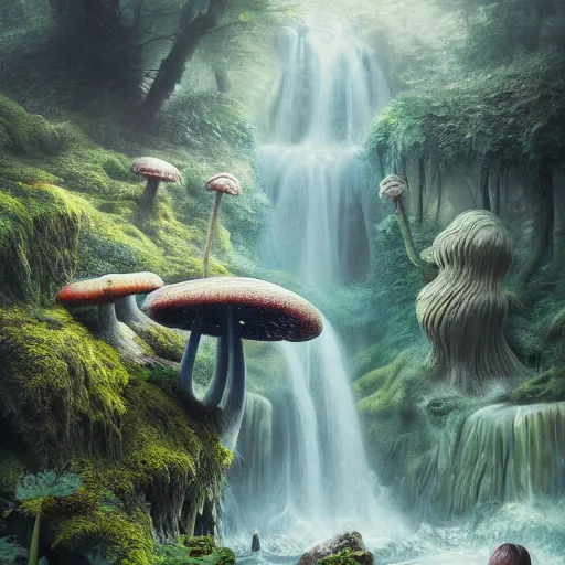 Image similar to tom bagshaw, soft painting render curiosities pond vegetation rocks gigantic mushrooms covered moss scintillating, beautiful waterfall, accurate features, focus, very intricate ultrafine details, random volumetric lighting, dense fog, award winning masterpiece, octane render 8 k hd, artstation