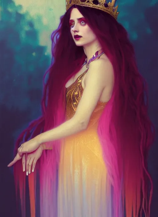 Image similar to ombre velvet gown, feathers, lovely queen, portrait, long hair, tiara, jeweled choker, feral languid woman, by greg rutkowski, anato finnstark, alphonse mucha, global illumination, radiant light