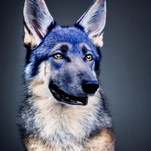 Image similar to 4 k high resolution, hdr photo of an animal hybrid of a blue german shepherd and a blue fox, with blue fur and blue eyes, award winning studio photography