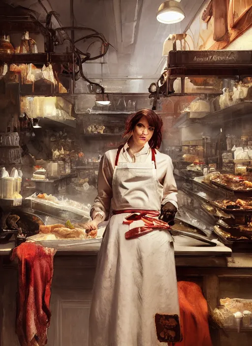 Prompt: portrait of a butcher, bloodstained apron, at a butcher shop, dramatic lighting, dimly lit, medium view, asymmetrical intricate elegant matte painting illustration, by greg rutkowski and greg tocchini and james gilleard and sargent and leyendecker and greg manchess